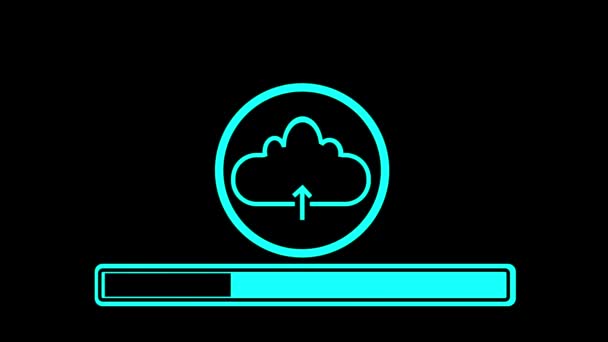 Neon Cloud Upload Icon Mit Fortschrittsbalken Animiert Auf Schwarzem Hintergrund — Stockvideo