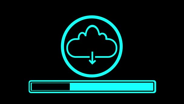 Neon Blue Cloud Download Icon Progress Bar Animated Black Background — Stock video