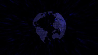 Karanlık bir arka planda küresel ağları ve veri alışverişini sembolize eden parıldayan bağlantılara sahip dijital dünya haritası.