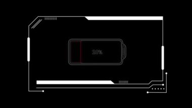 Düşük şarjlı bir akıllı telefon bataryasının minimalist çizimi,% 48 'de tasvir edilmiş, modern, teknolojiden esinlenilmiş, parlak siyah bir arka planda..