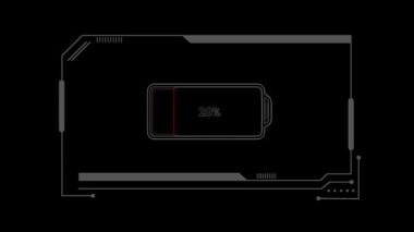 Düşük şarjlı bir akıllı telefon bataryasının minimalist çizimi,% 48 'de tasvir edilmiş, modern, teknolojiden esinlenilmiş, parlak siyah bir arka planda..