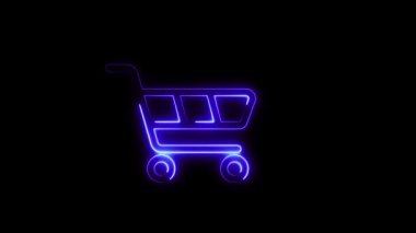 Neon alışveriş arabası simgesinin minimalist dijital sanatı ve siyah arka planda canlandırılmış bir bozuk para..