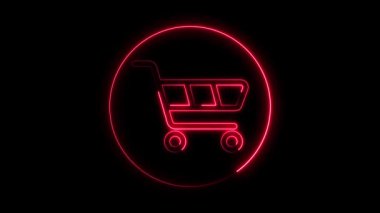 Kırmızı neon bir alışveriş arabası ikonu ve siyah arka planda canlandırılmış bir madeni para sanatı..