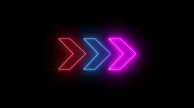 Siyah arkaplanda 4k neon çok renkli ışık oku yönü. Neon Arrow Eğitim İşaretçisi. r_292