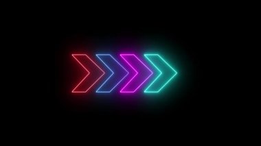 Siyah arkaplanda 4k neon çok renkli ışık oku yönü. Neon Arrow Eğitim İşaretçisi. r_300