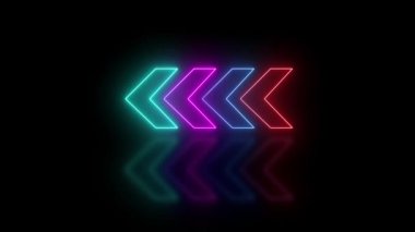 Siyah arkaplanda 4k neon çok renkli ışık oku yönü. Neon Arrow Eğitim İşaretçisi. r_303
