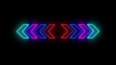 Siyah arkaplanda 4k neon çok renkli ışık oku yönü. Neon Arrow Eğitim İşaretçisi. r_310