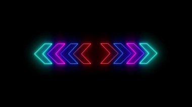 Siyah arkaplanda 4k neon çok renkli ışık oku yönü. Neon Arrow Eğitim İşaretçisi. r_313