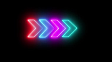 Siyah arkaplanda 4k neon çok renkli ışık oku yönü. Neon Arrow Eğitim İşaretçisi. r_314