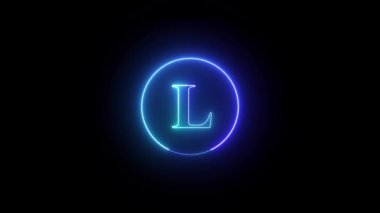 Neon harfi L, koyu arkaplanda dairesel bir çerçeve içinde mavi renkte parlıyor..