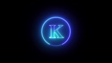Koyu arkaplanda dairesel bir çerçeve içinde mavi ile parlayan neon harfli K harfi.