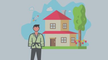 Yeşil ceketli bir adamın, rüzgâr türbinleri ve arka planda sürdürülebilir yaşamı temsil eden bir ağacın olduğu bir evin önünde durduğunu hayal et..