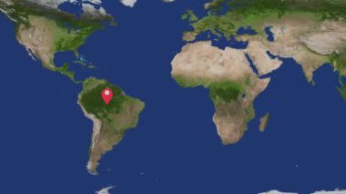 Kuzey Amerika, Güney Amerika, Afrika ve Asya da dahil olmak üzere farklı kıtalardaki kırmızı konum işaretlerine sahip dünya haritası.