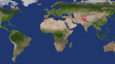 Kuzey Amerika, Güney Amerika, Afrika ve Asya da dahil olmak üzere farklı kıtalardaki kırmızı konum işaretlerine sahip dünya haritası.