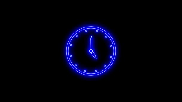 Relógio Analógico Luz Néon Azul Isolado Animado Fundo Preto R_78 — Vídeo de Stock