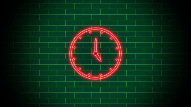 Reloj Analógico Luz Neón Rojo Aislado Animado Sobre Fondo Color — Vídeo de stock