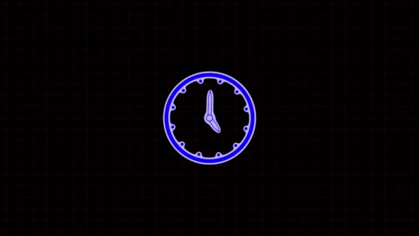 Μπλε Νέον Φως Αναλογικό Ρολόι Απομονώνονται Κινούμενα Μαύρο Φόντο — Αρχείο Βίντεο