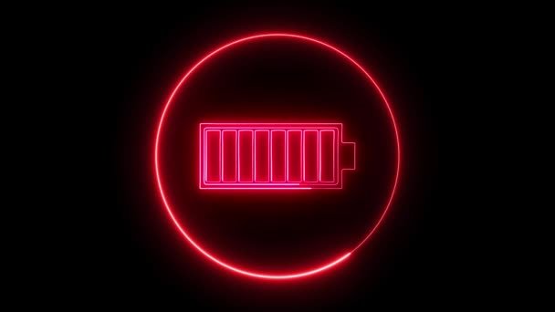 Neon Gloeiende Batterij Icoon Opladen Van Rode Mobiele Telefoon Batterij — Stockvideo