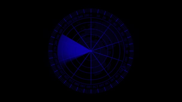 레이더 애니메이션을 검색하는 파란색 검은색 배경에 홀로그램 화면에 디지털 데이터 — 비디오