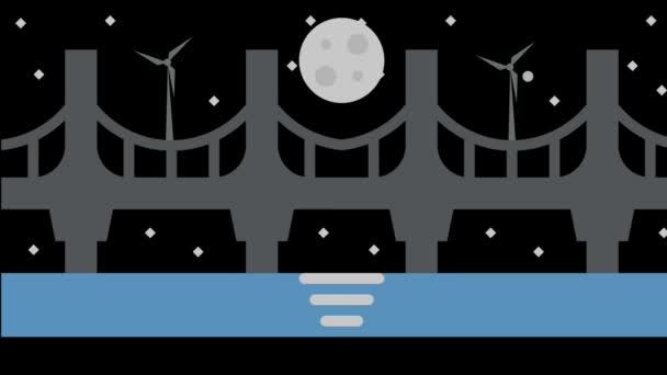 Иллюстрация Моста Над Водой Ночью Полнолунием Ветряными Турбинами Заднем Плане — стоковое видео