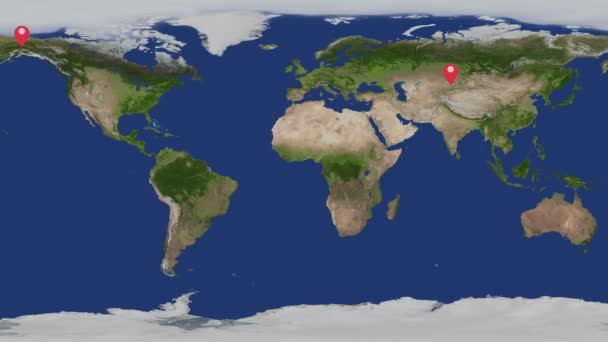 Carte Monde Avec Des Marqueurs Localisation Rouges Sur Différents Continents Clip Vidéo