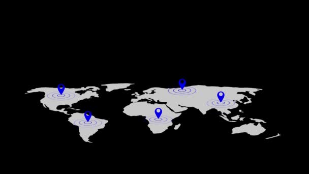Weltkarte Monochrom Mit Blauen Ortsmarkierungen Die Bestimmte Gebiete Hervorheben — Stockvideo