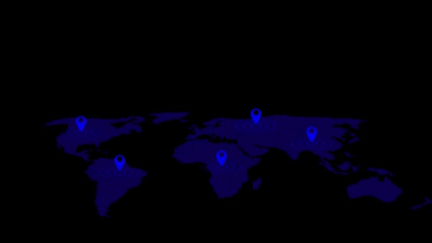 Стилизованная Карта Мира Темных Тонах Синими Бликами Несколькими Маркерами Местоположения — стоковое видео