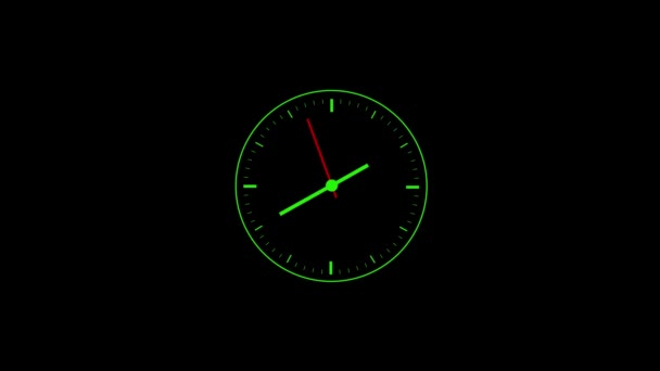 Neon Green Glowing Clock Showing Time Dark Background Minimalistic Design — Stock Video
