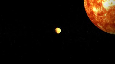 Güneş yüzeyi ve yıldızların arka planında Venüs gezegenini gösteriyor. Güneş sistemi veya kozmik sahne.