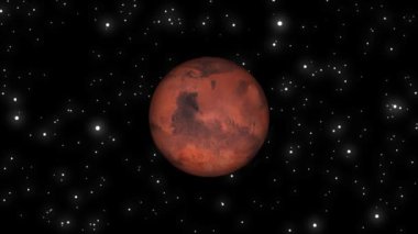 Mars 'ın yıldızlı bir gökyüzüne karşı dijital çizimi, gezegenin kırmızı yüzeyi ve belirgin özelliklerini vurguluyor..