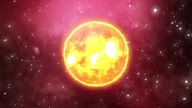 Karanlık bir uzayda yıldızlarla çevrili parlak bir güneşin dijital çizimi, canlı bir güneş sahnesini betimliyor..