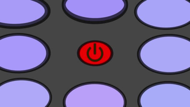 Иллюстрация Красной Кнопки Питания Окружении Фиолетовых Кнопок Сером Фоне — стоковое видео