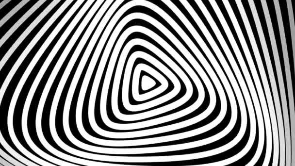 中央にプレーボタン形状を形成する濃縮線を用いた抽象的な黒と白の光学錯覚 — ストック動画