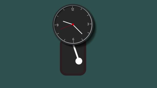 Minimalista Reloj Pared Negro Con Péndulo Sobre Fondo Verde Azulado — Vídeos de Stock