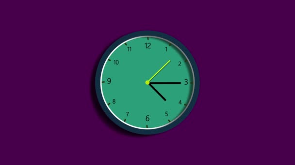 Animação Relógio Animado Relógio Parede Verde Minimalista Fundo Roxo Mostrando — Vídeo de Stock