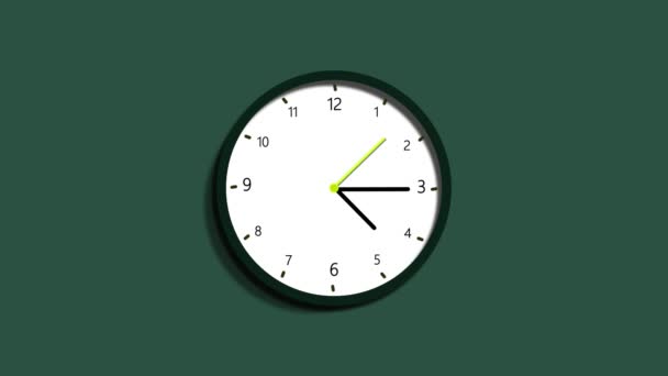 简单的时钟隔离在绿色背景上 绿色背景上有黑色框架的简约挂钟 — 图库视频影像