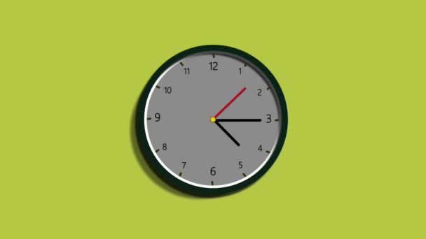 緑の背景に黒いフレームでアニメーションされたシンプルな壁時計 — ストック動画