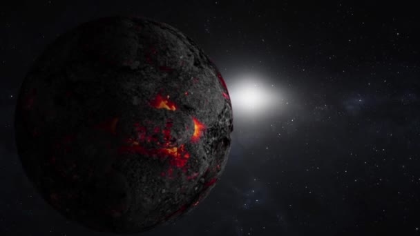 Yıldızlı Gökyüzü Animasyon Arka Planıyla Karanlık Uzayda Dönen Sıcak Gezegen — Stok video