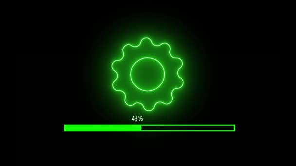 Neonowa Zielona Ikona Przekładni Nad Paskiem Postępu Ciemnym Tle — Wideo stockowe