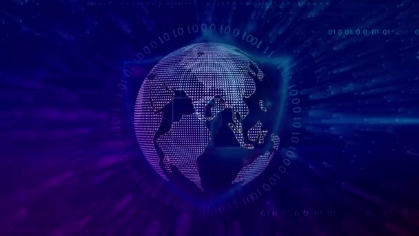 Цифровое Представление Земли Светящимся Рисунком Сетки Фоне Фиолетовых Синих Световых — стоковое видео