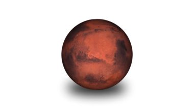 Mars gezegeninin gerçekçi bir tasviri, beyaz bir arka planda izole edilmiş, kırmızı yüzeyi ve koyu işaretlerini gösteriyor..