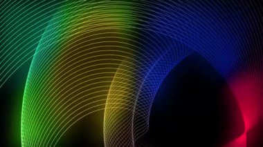 Siyah zemin üzerinde yeşil, mavi, sarı ve kırmızı çizgiler olan renkli soyut dijital arkaplan.