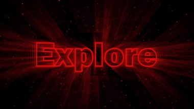 3d red color neon glowing Explore icon with futuristic animated background.