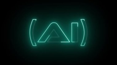 Cyan rengi soyut neon parlayan yapay zeka animasyon metni siyah arkaplanda izole edildi.