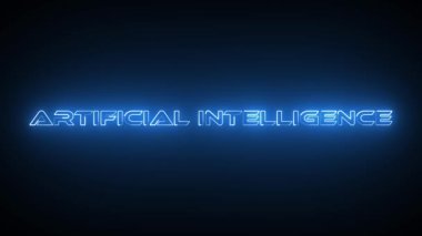 Siyah arkaplan üzerindeki mavi renkli neon parlayan Yapay Zeka canlandırmalı metin.