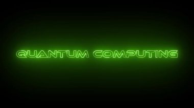 Siyah arkaplan üzerindeki soyut yeşil renkli parlak kuantum bilgisayar canlandırmalı metin.