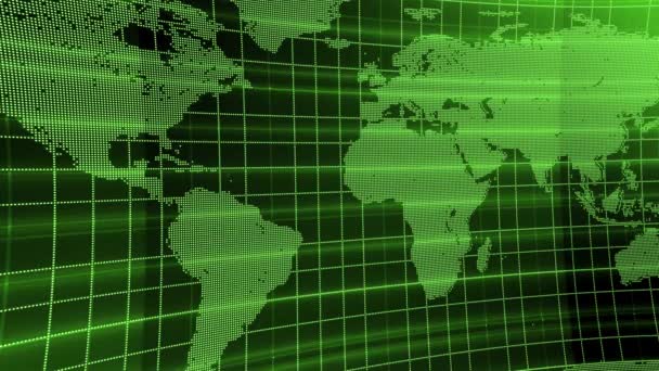 Цифровая Карта Мира Зеленом Цвете Перекрытием Сетки Представляющая Глобальную Связь — стоковое видео