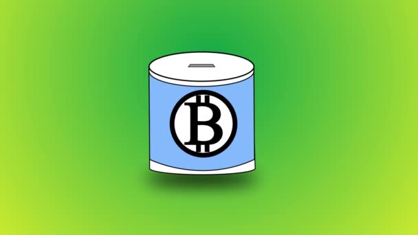 Banca Monete Blu Monete Con Segno Bitcoin Isolato Sfondo Verde — Video Stock