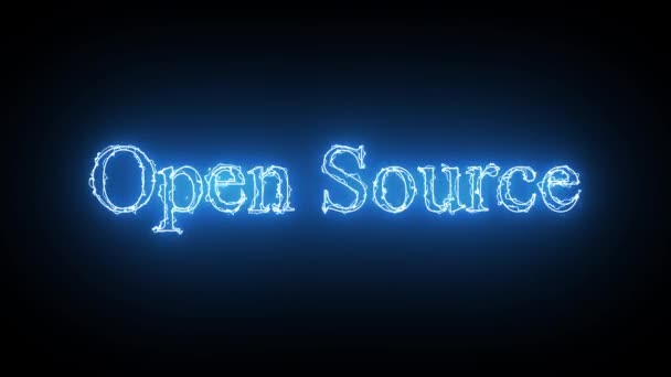 Niebieski Neon Napisem Open Source Świecący Ciemnym Tle Tworząc Futurystyczny — Wideo stockowe