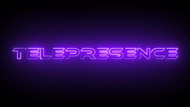 紫のネオン輝くアニメ黒の背景にテレプレゼンステキスト — ストック動画